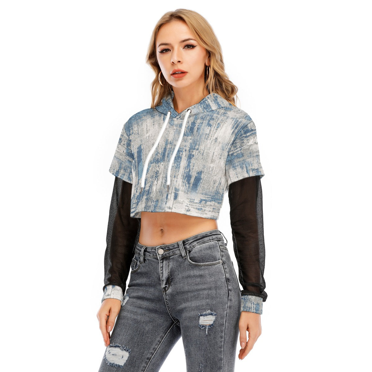 All-Over Print Women's Fake Two-piece Mesh Sleeve Cropped Hoodie