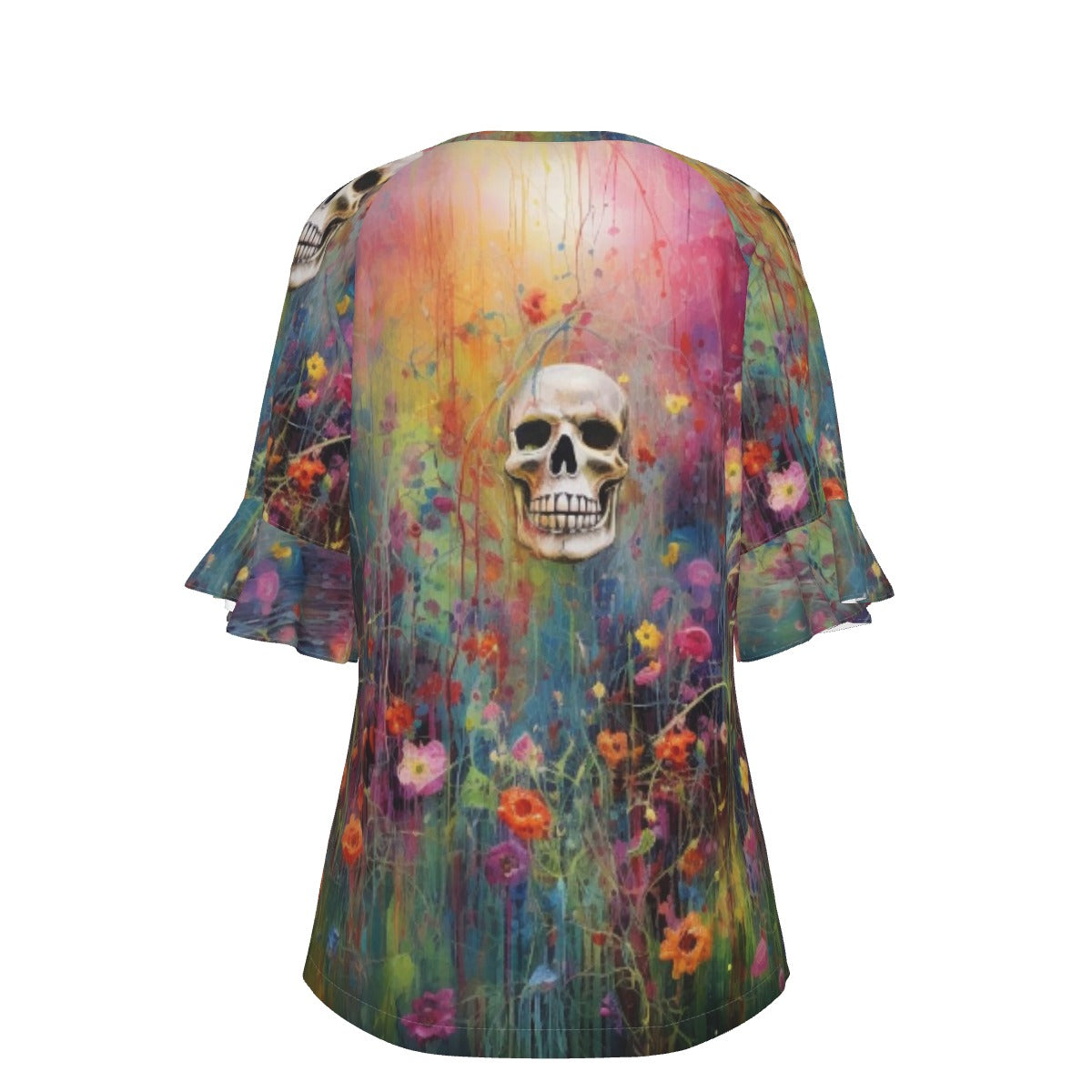 All-Over Print V-neck Women's T-shirt With Bell Sleeve