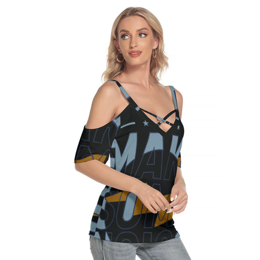 All-Over Print Women's Cold Shoulder T-shirt With Criss Cross Strips