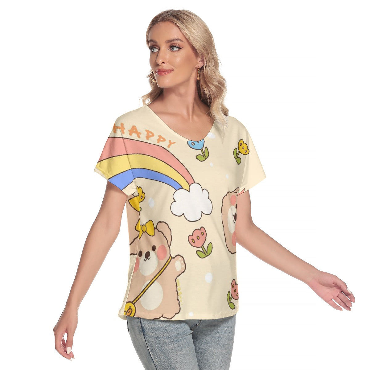 All-Over Print Women's Loose V-neck Short Sleeve T-shirt