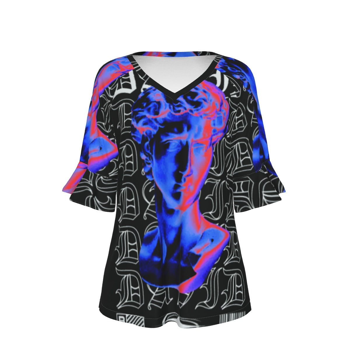 All-Over Print V-neck Women's T-shirt With Bell Sleeve