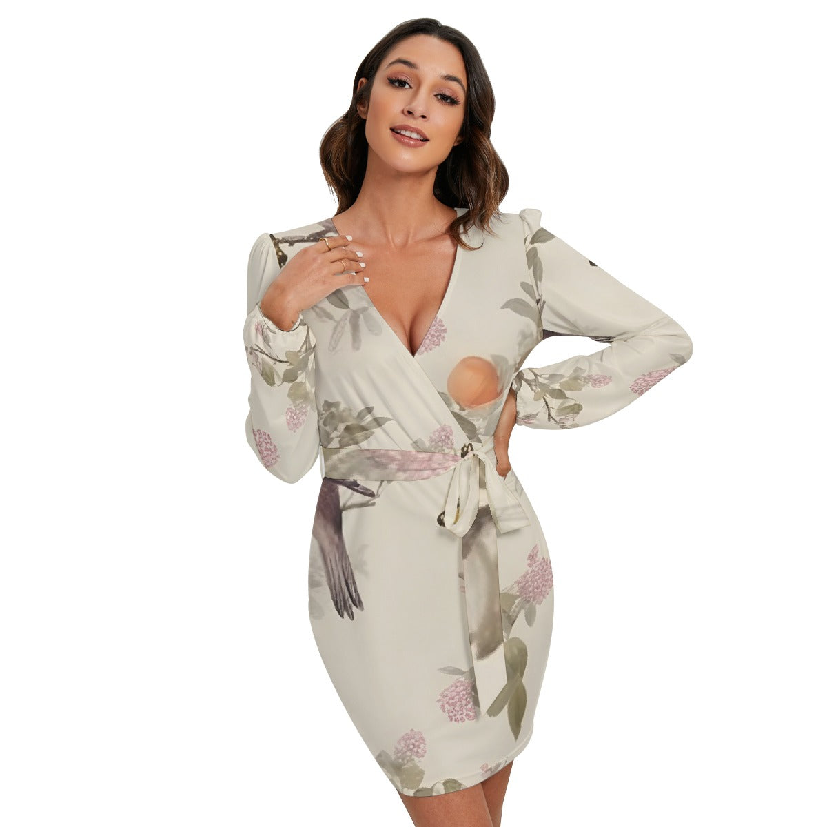 All-Over Print Women's Long Sleeve Dress With Waist Belt