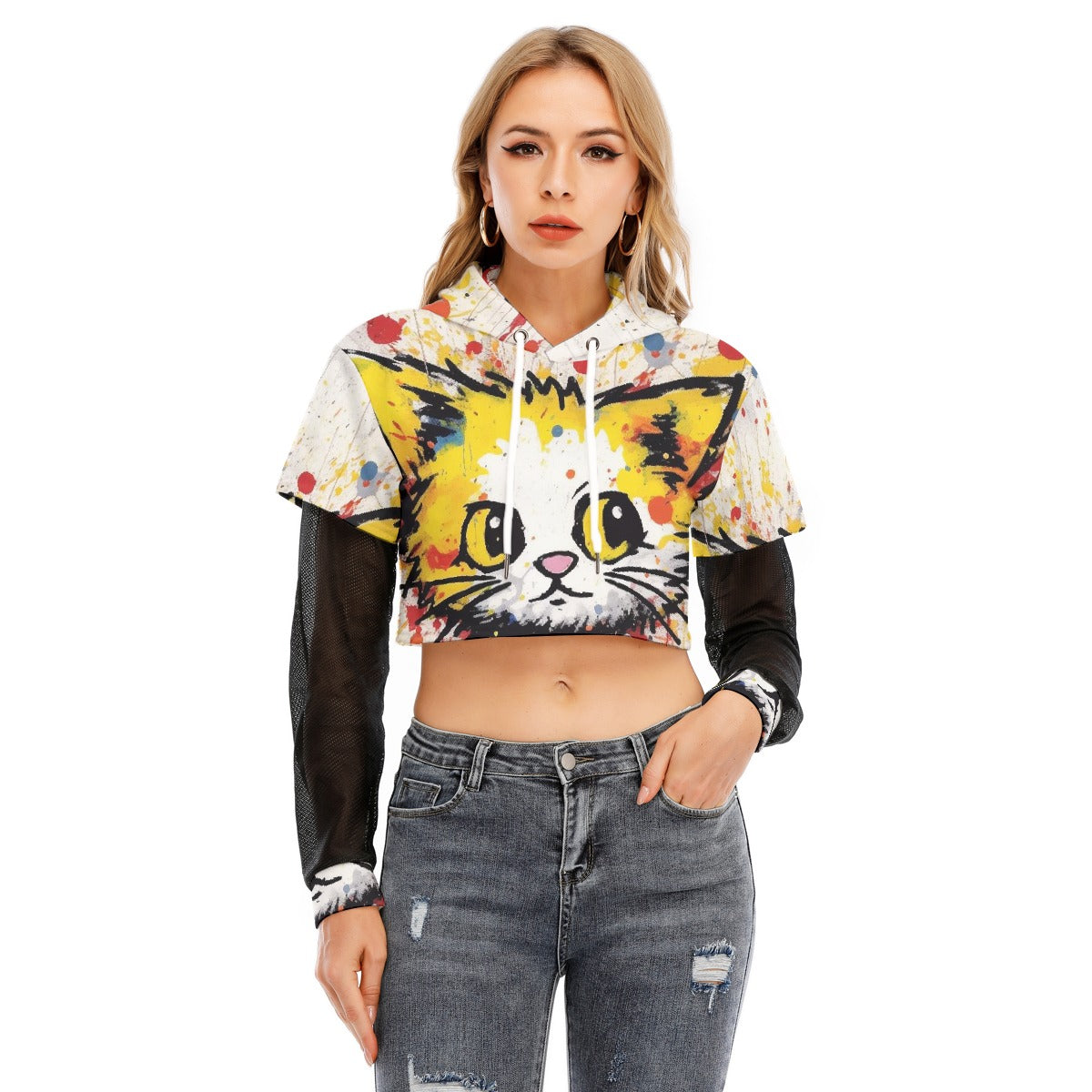 All-Over Print Women's Fake Two-piece Mesh Sleeve Cropped Hoodie