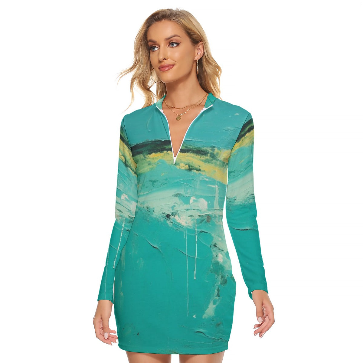 All-Over Print Women's Zip Front Tight Dress