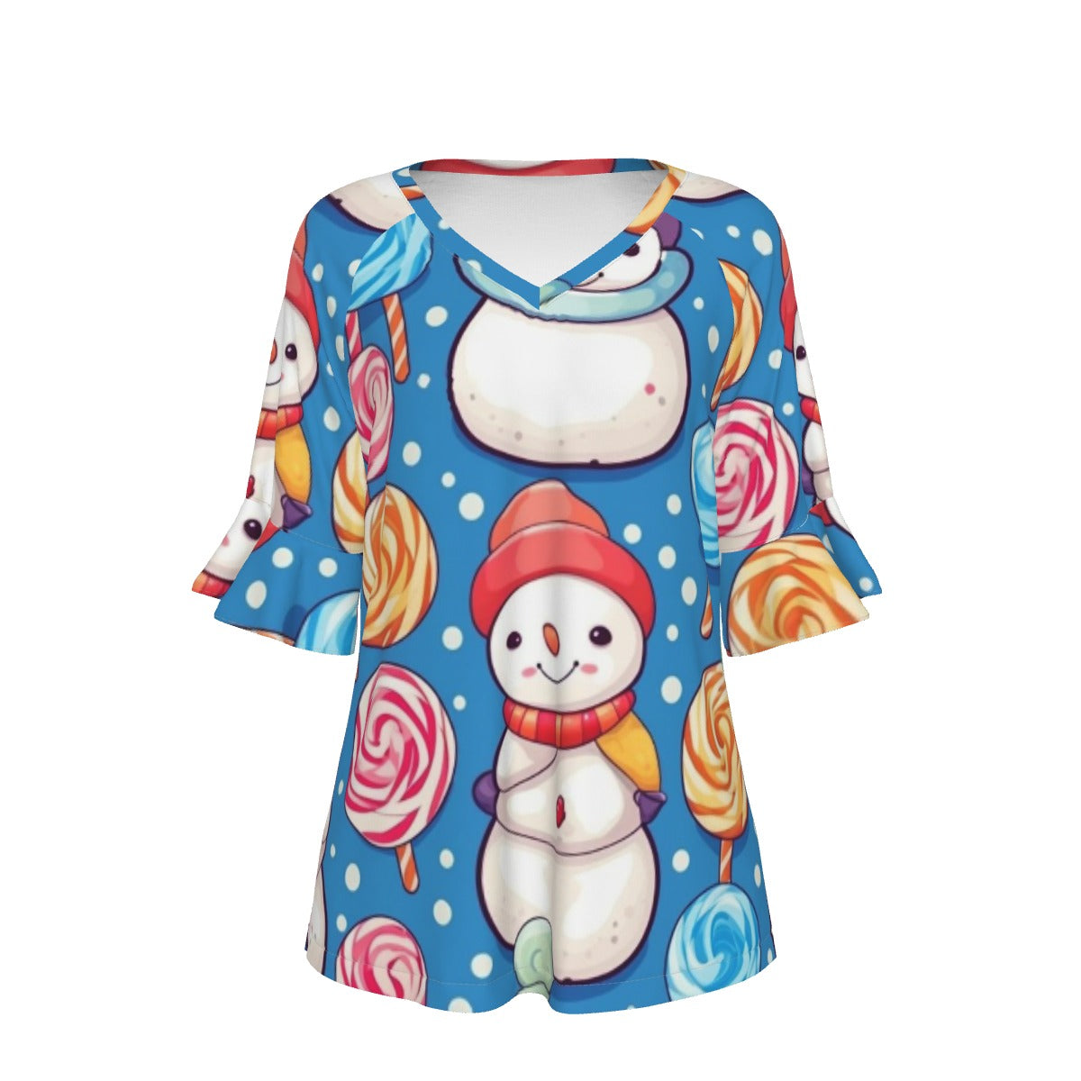 All-Over Print V-neck Women's T-shirt With Bell Sleeve