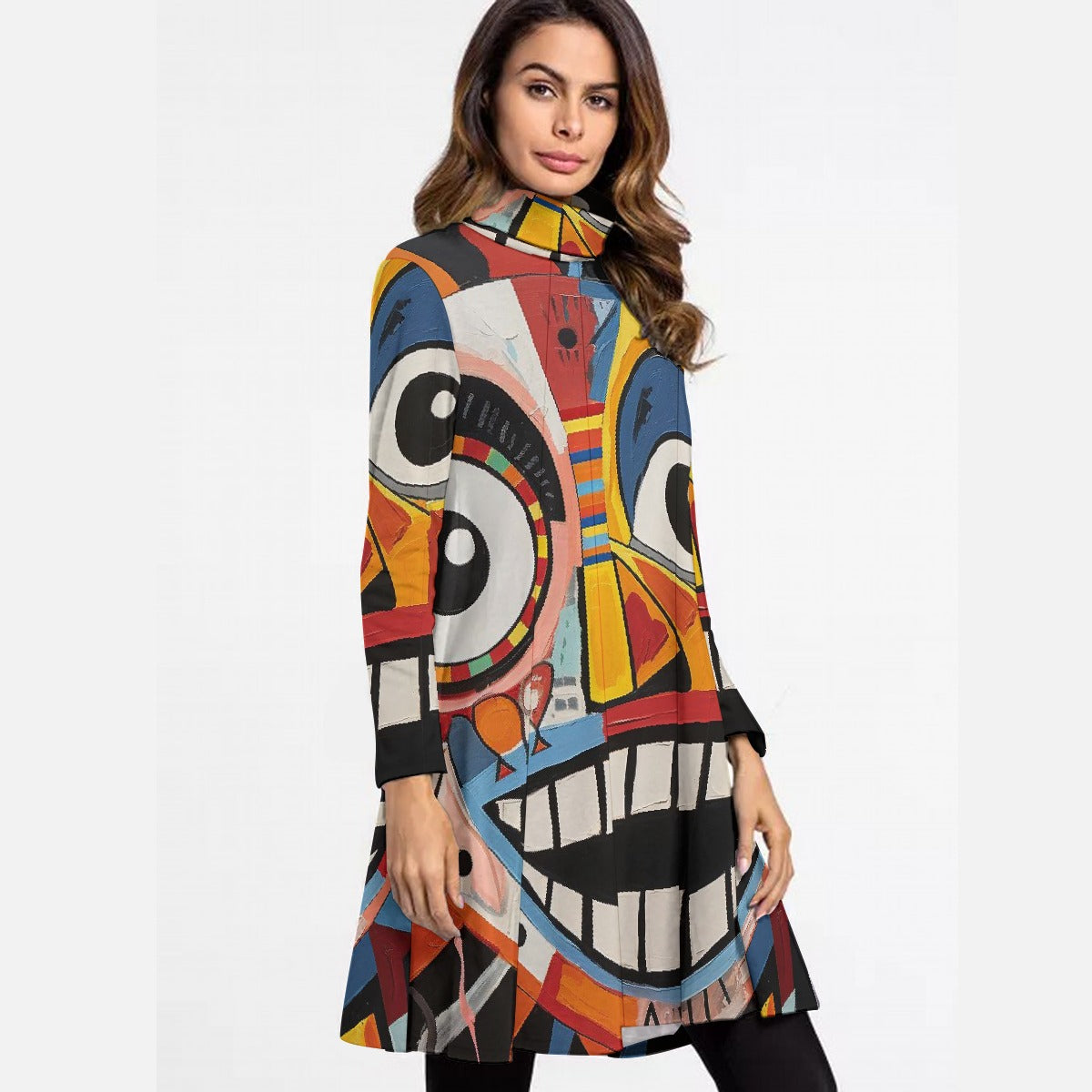 All-Over Print Women's High Neck Dress With Long Sleeve