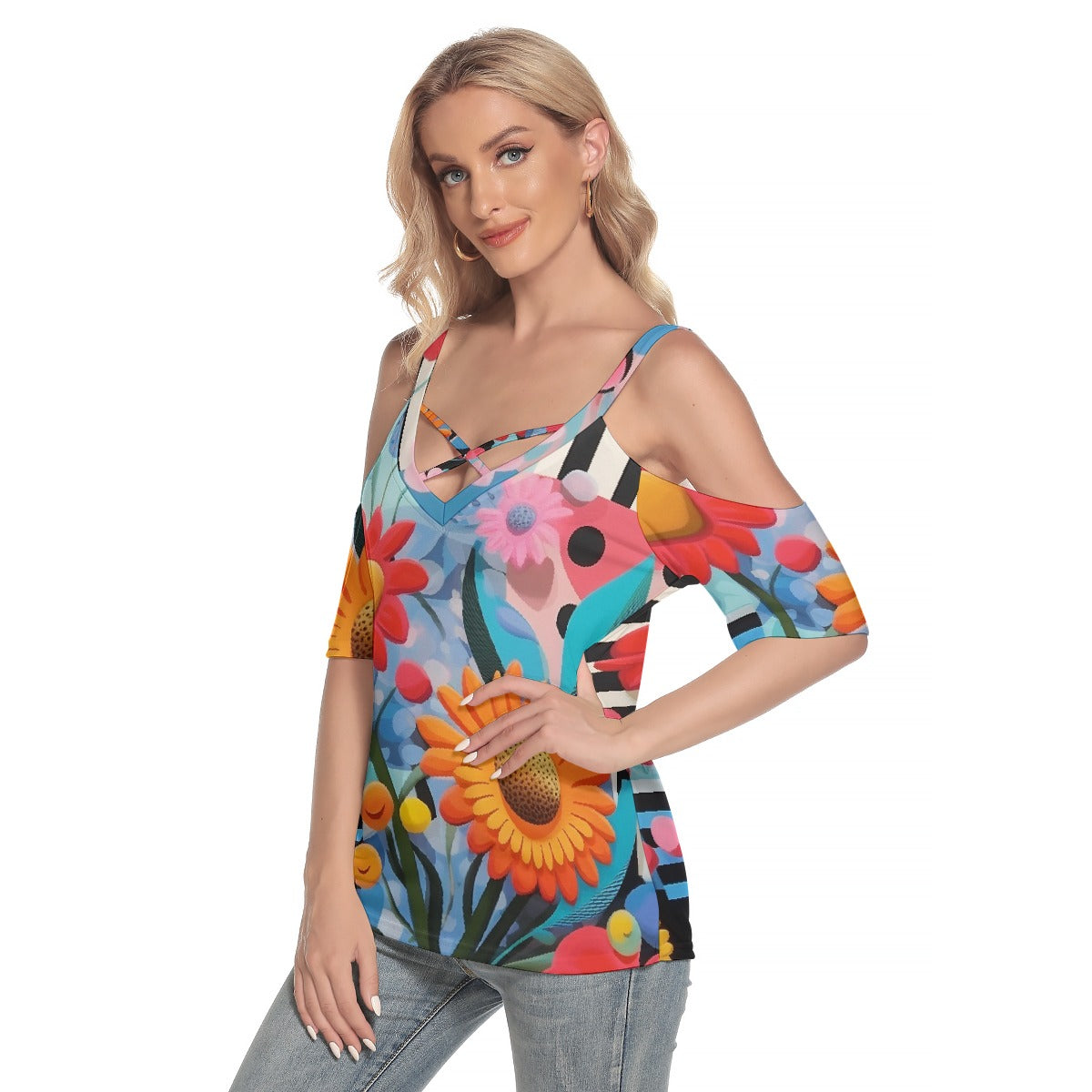 All-Over Print Women's Cold Shoulder T-shirt With Criss Cross Strips