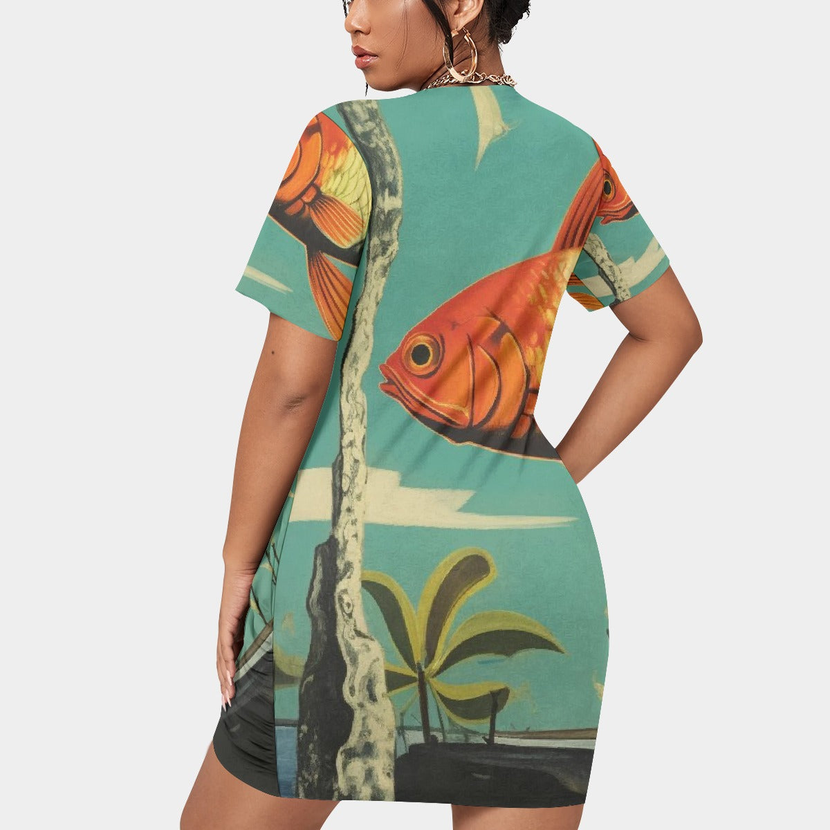 All-Over Print Women’s Stacked Hem Dress With Short Sleeve（Plus Size）