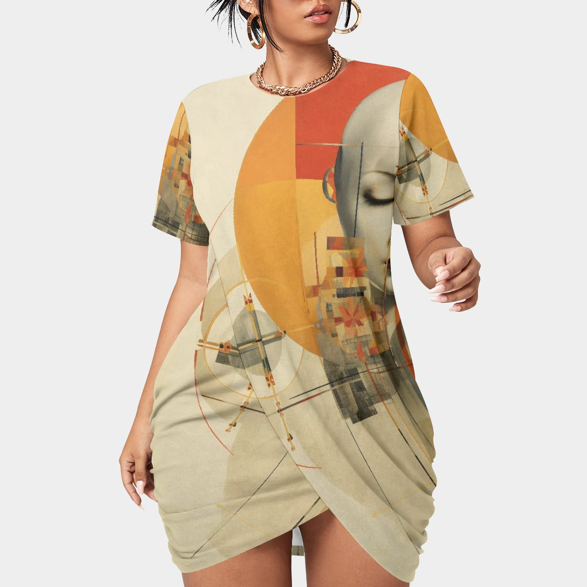 All-Over Print Women’s Stacked Hem Dress With Short Sleeve（Plus Size）