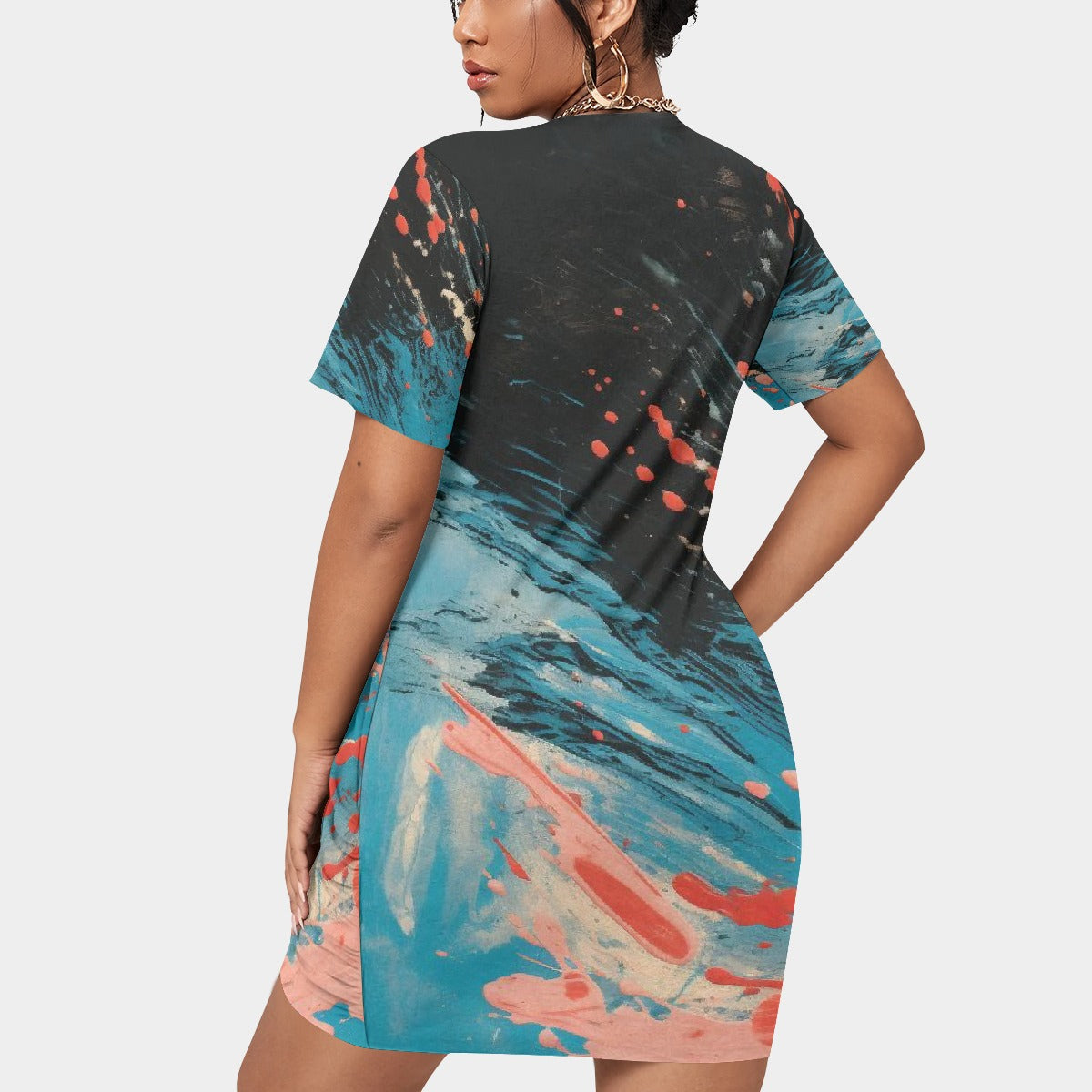 All-Over Print Women’s Stacked Hem Dress With Short Sleeve（Plus Size）