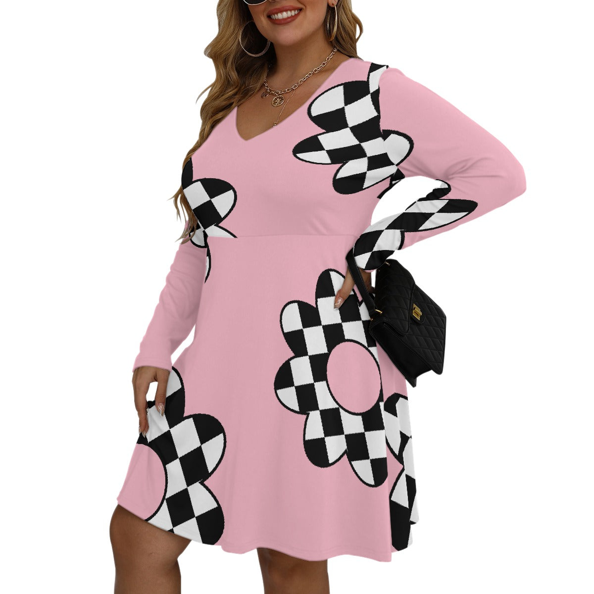 All-Over Print Women's V-neck Long Sleeve Dress(Plus Size)