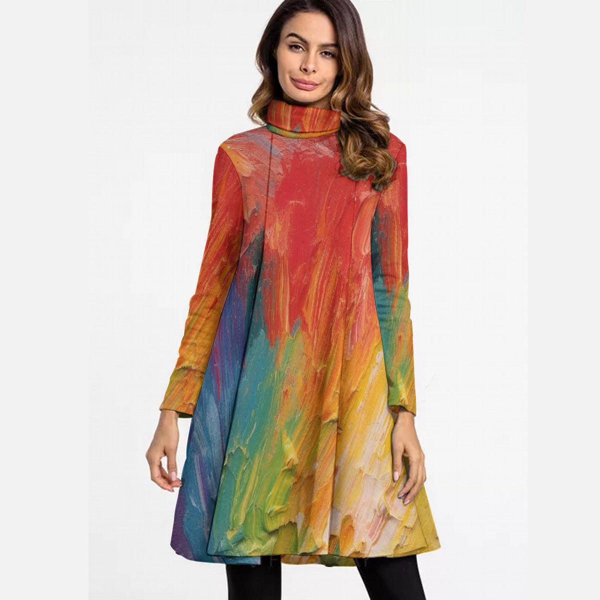 All-Over Print Women's High Neck Dress With Long Sleeve