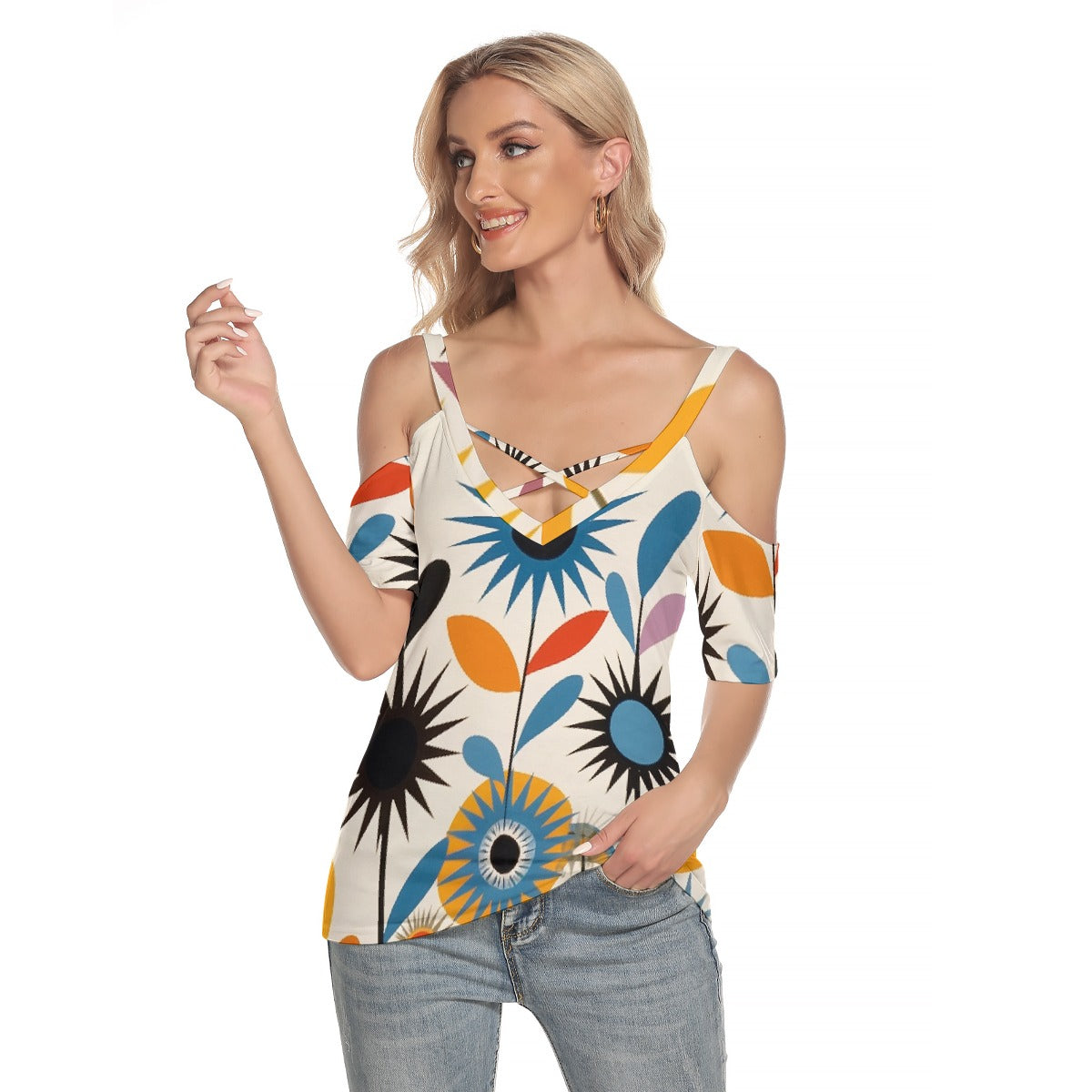 All-Over Print Women's Cold Shoulder T-shirt With Criss Cross Strips