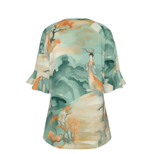 All-Over Print V-neck Women's T-shirt With Bell Sleeve