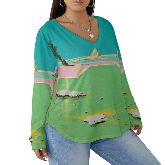 All-Over Print Women's V-neck T-shirt With Curved Hem(Plus Size)