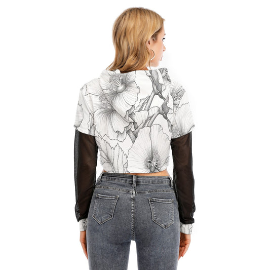 All-Over Print Women's Fake Two-piece Mesh Sleeve Cropped Hoodie