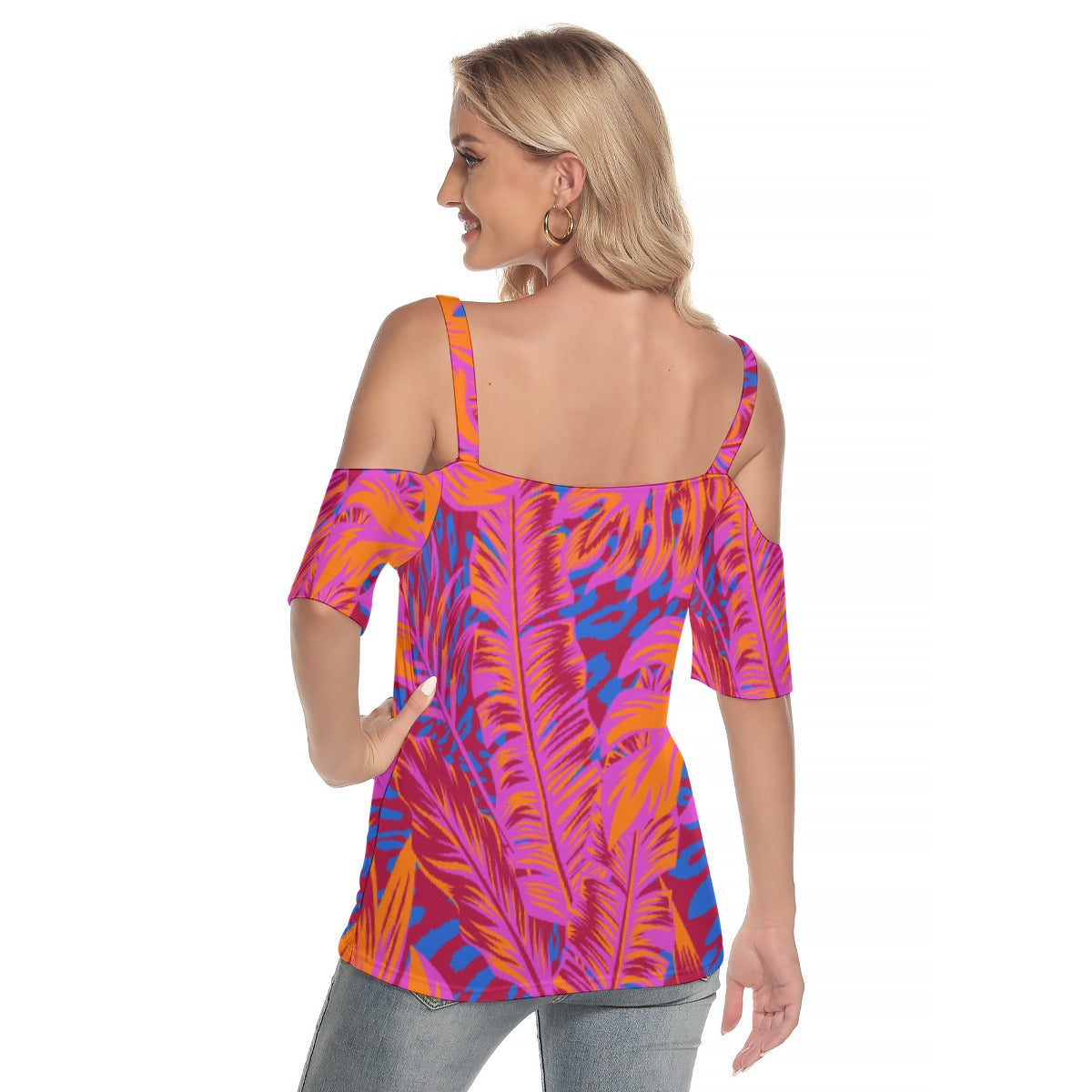 All-Over Print Women's Cold Shoulder T-shirt With Criss Cross Strips