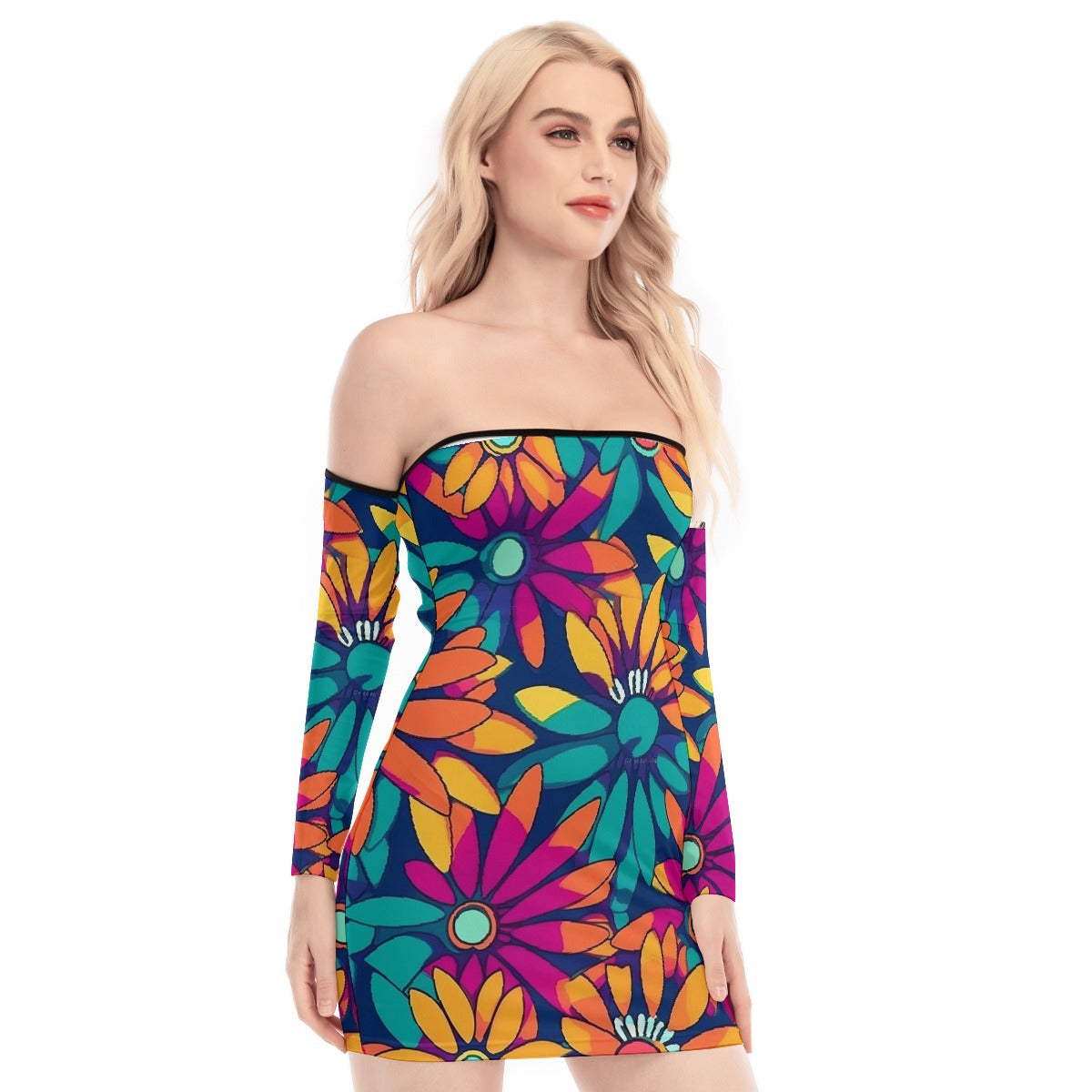 All-Over Print Women's Off-shoulder Back Lace-up Dress