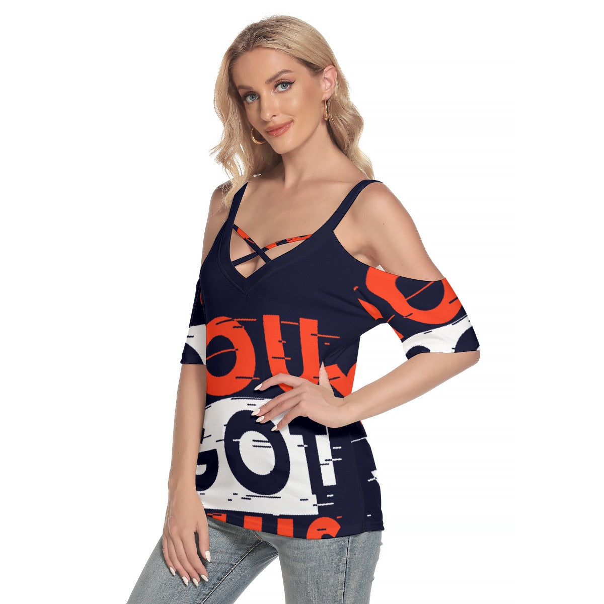 All-Over Print Women's Cold Shoulder T-shirt With Criss Cross Strips