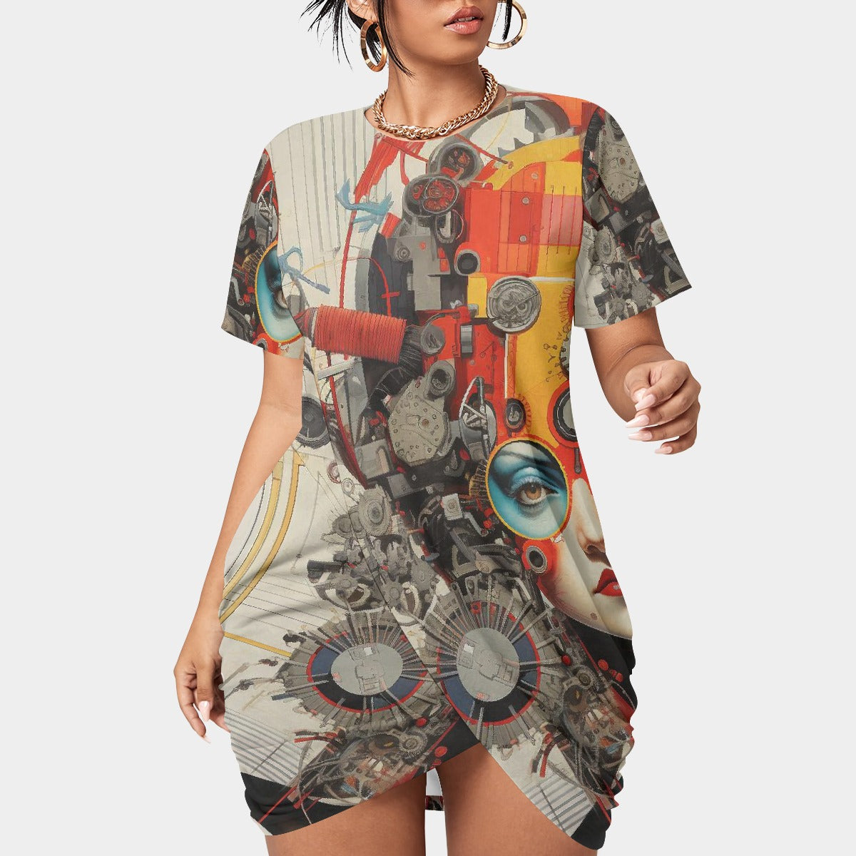 All-Over Print Women’s Stacked Hem Dress With Short Sleeve（Plus Size）