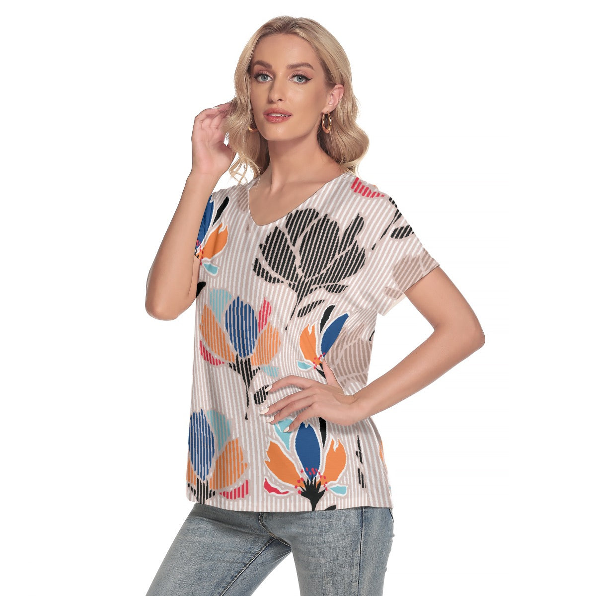 All-Over Print Women's Loose V-neck Short Sleeve T-shirt