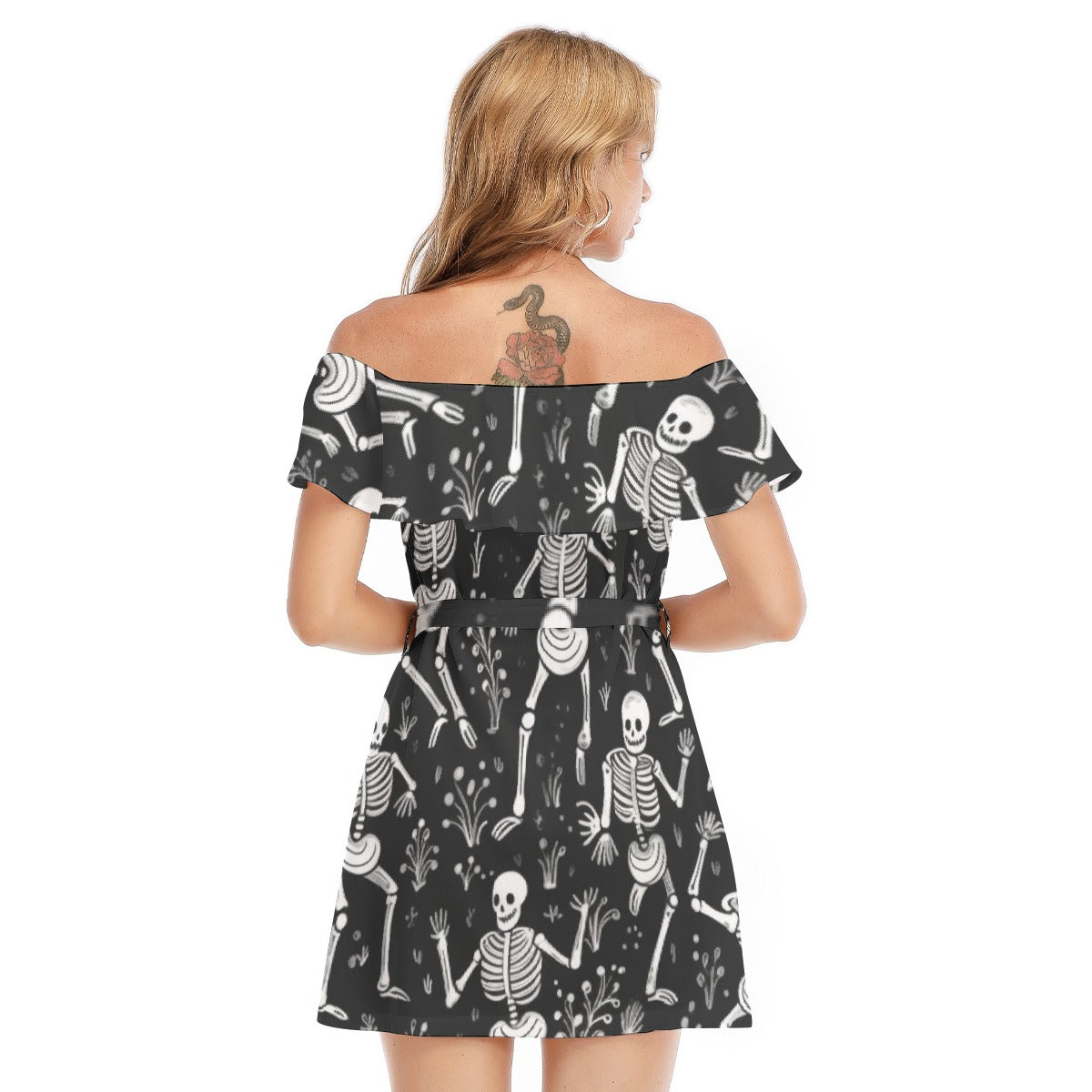 All-Over Print Women's Off-shoulder Dress With Ruffle