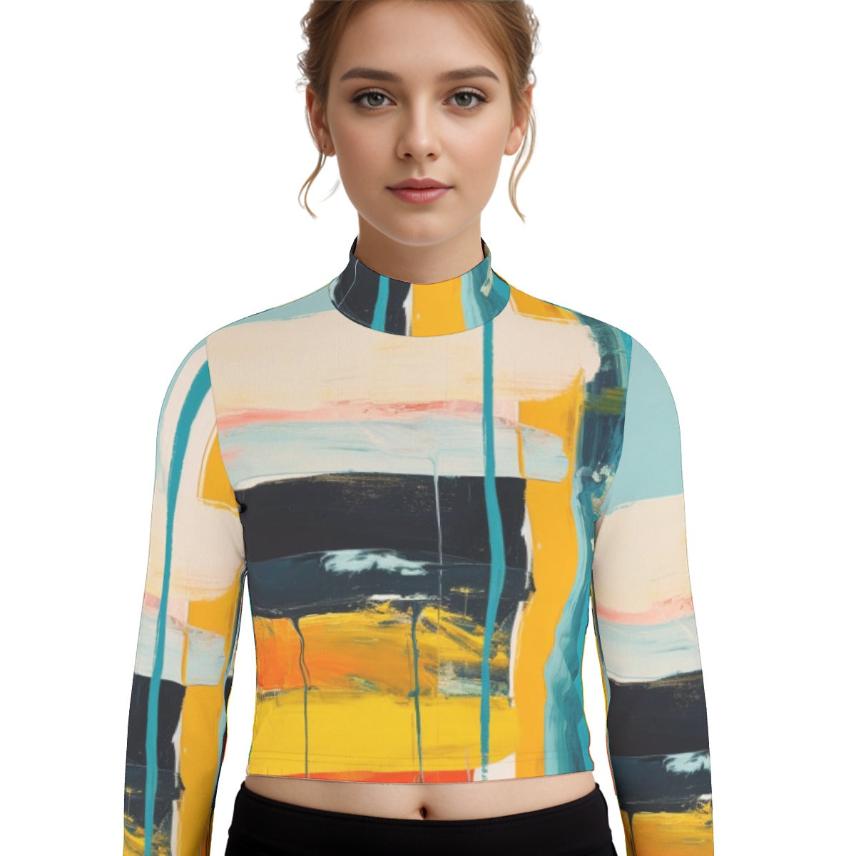 Eco-Friendly All-Over Print Women's Turtleneck T-shirt With Long Sleeve