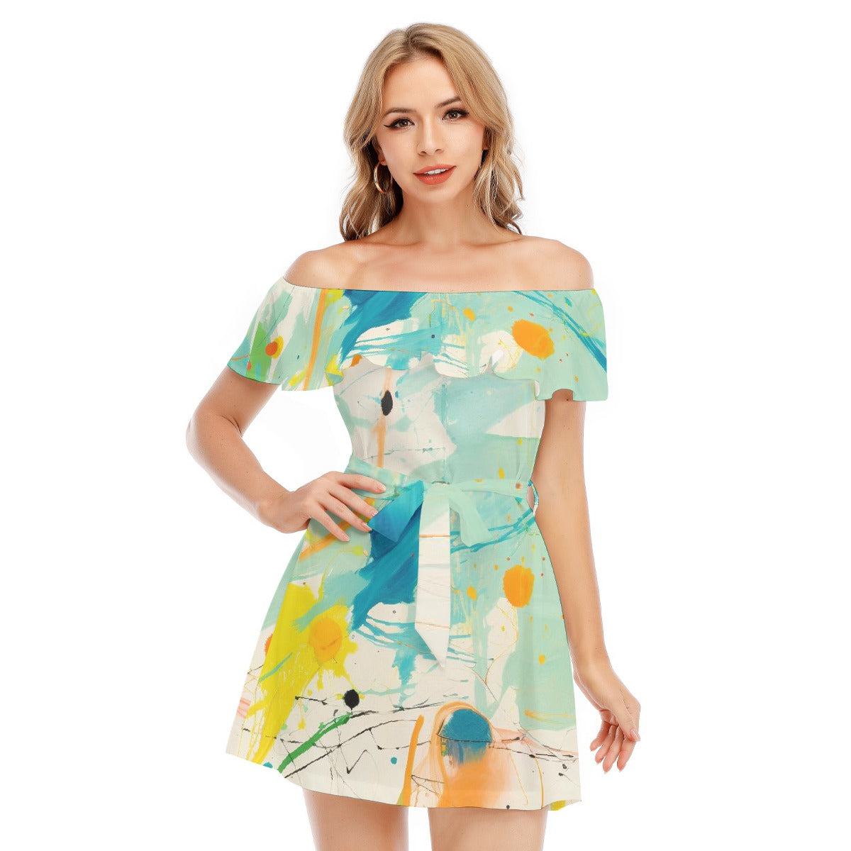 All-Over Print Women's Off-shoulder Dress With Ruffle