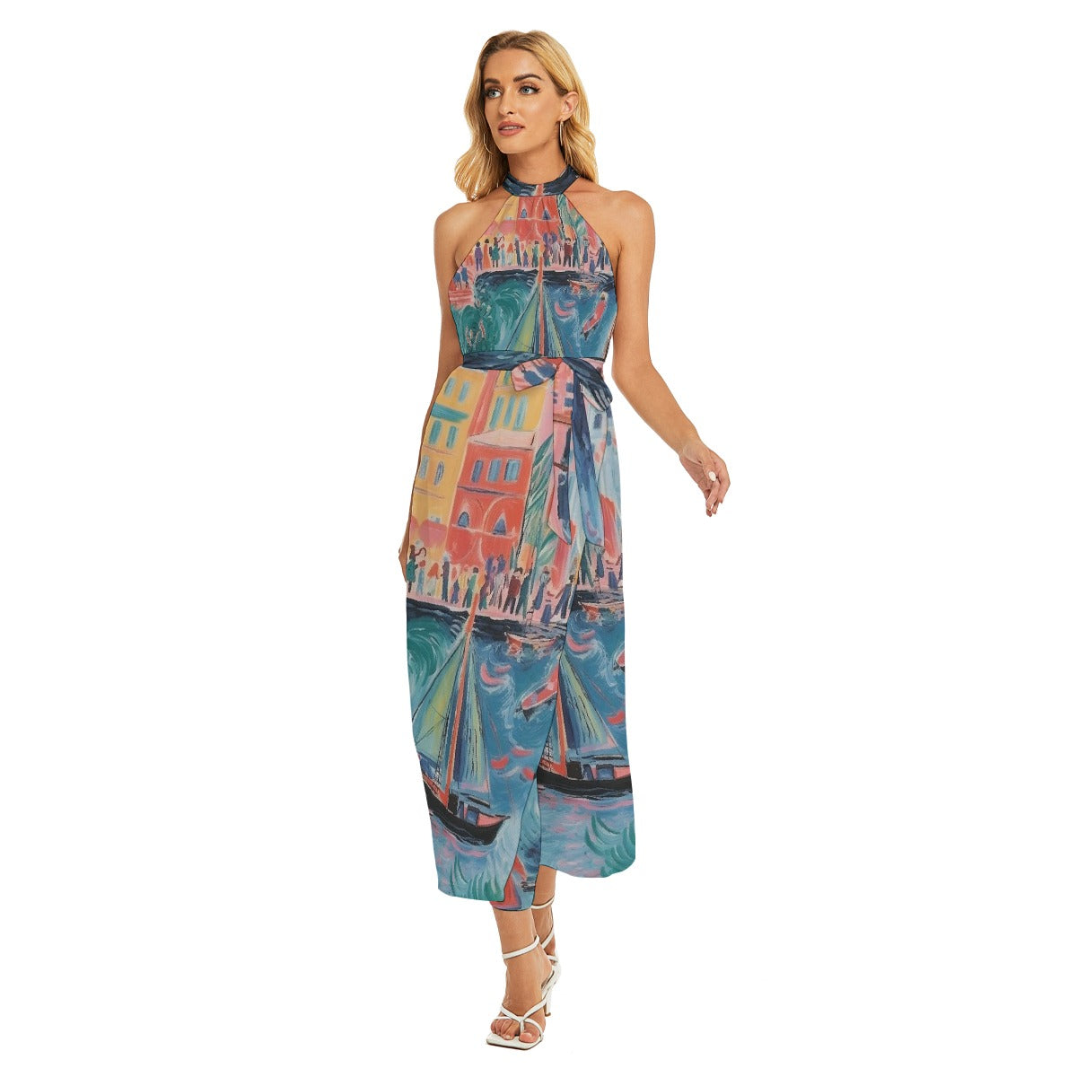 All-Over Print Women's Wrap Hem Belted Halter Dress