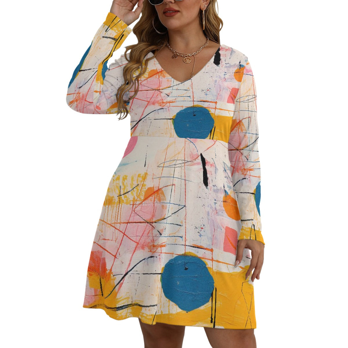 All-Over Print Women's V-neck Long Sleeve Dress(Plus Size)