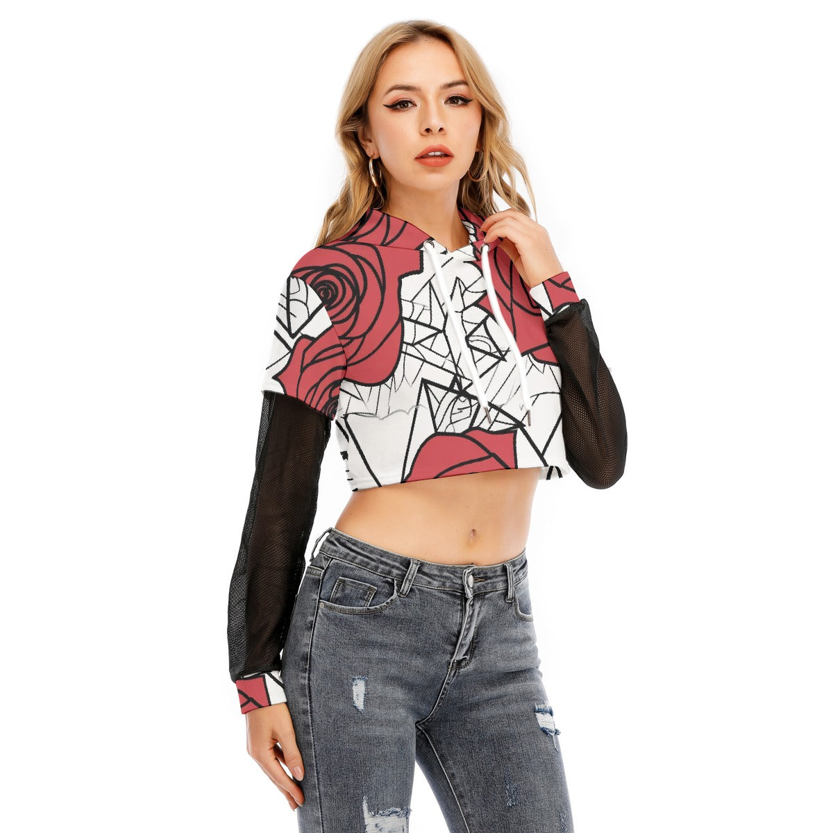 All-Over Print Women's Fake Two-piece Mesh Sleeve Cropped Hoodie