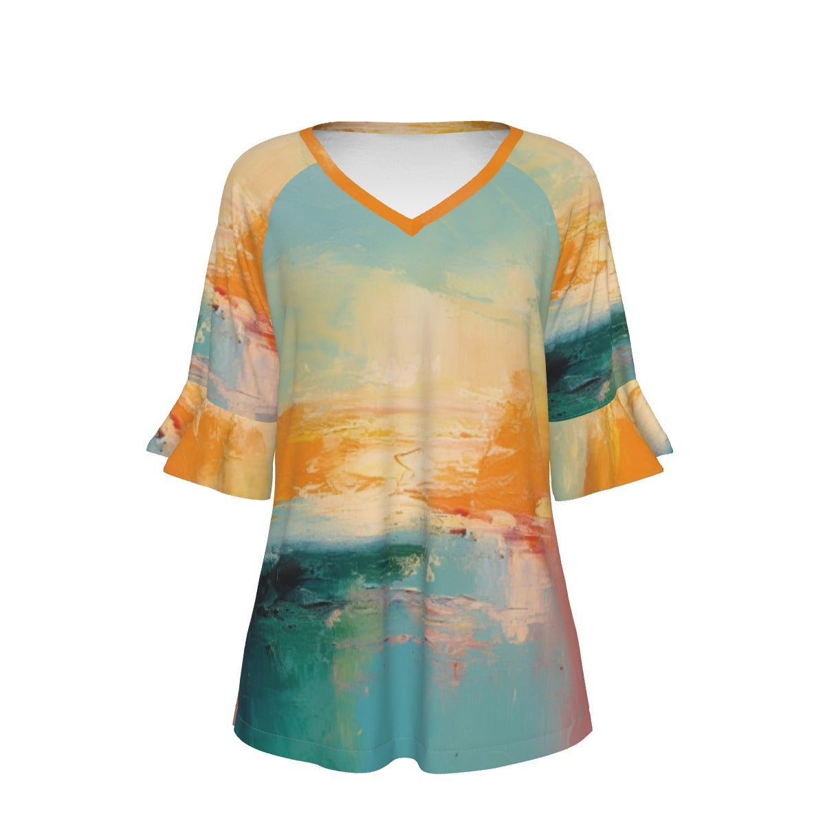 All-Over Print V-neck Women's T-shirt With Bell Sleeve