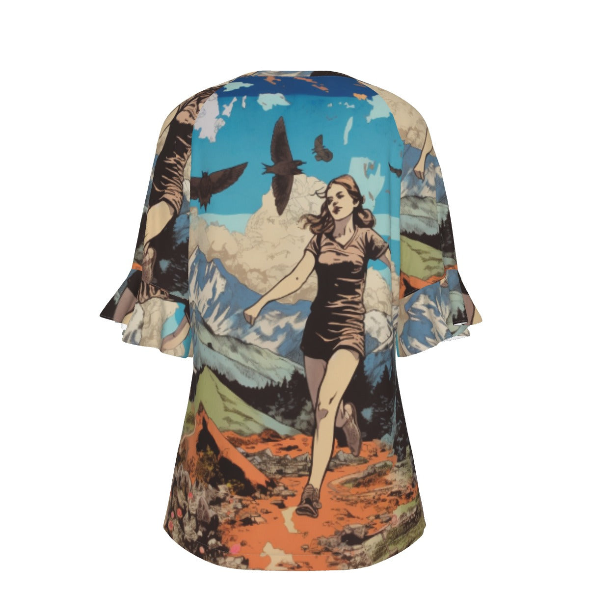 All-Over Print V-neck Women's T-shirt With Bell Sleeve