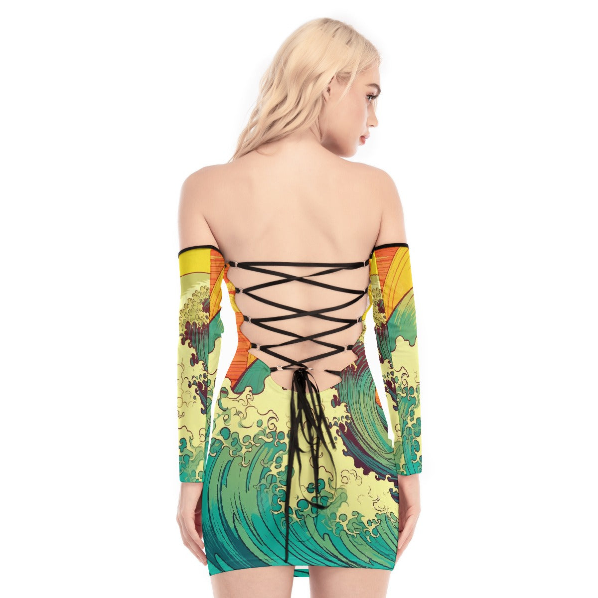 All-Over Print Women's Off-shoulder Back Lace-up Dress