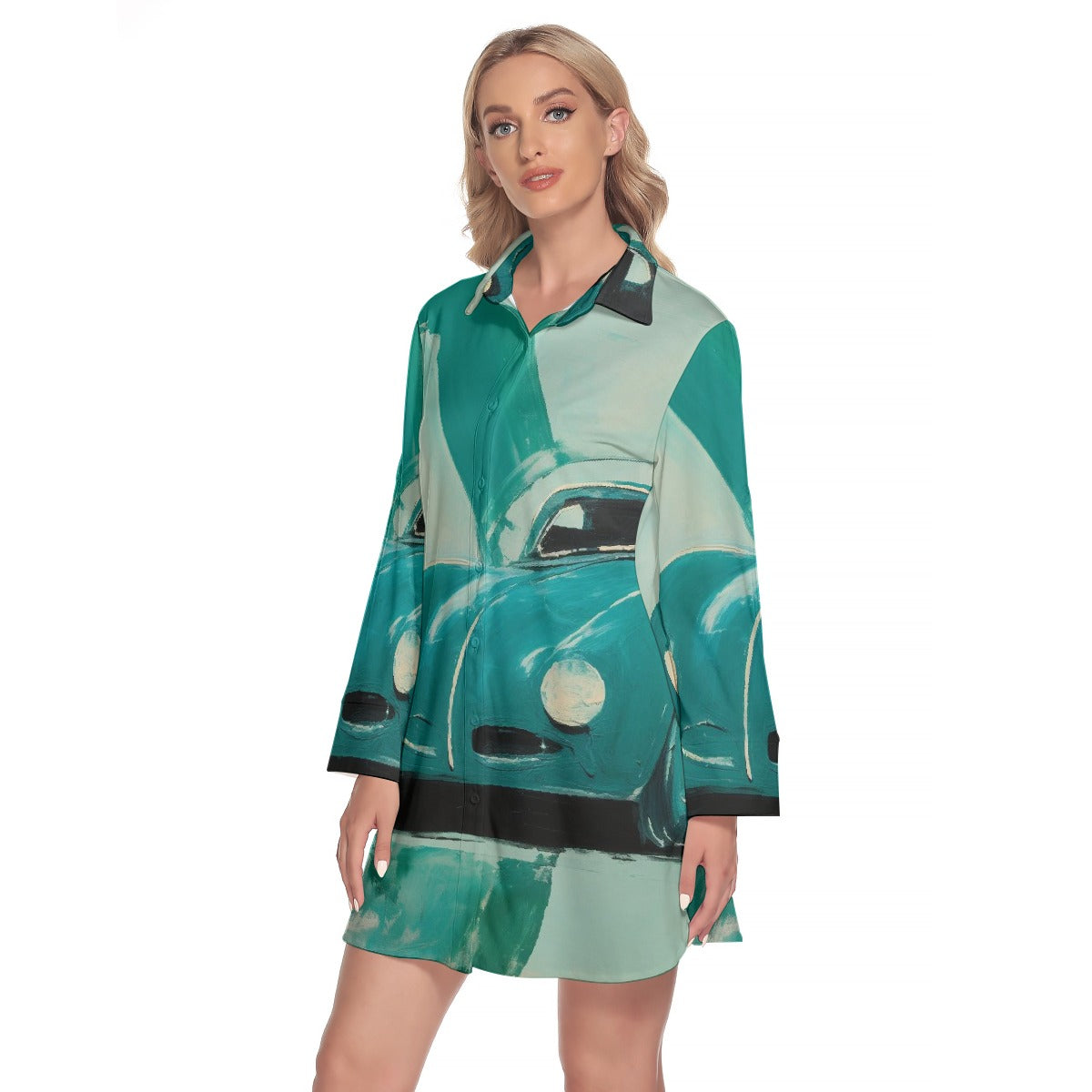 All-Over Print Women's Lapel Shirt Dress With Long Sleeve