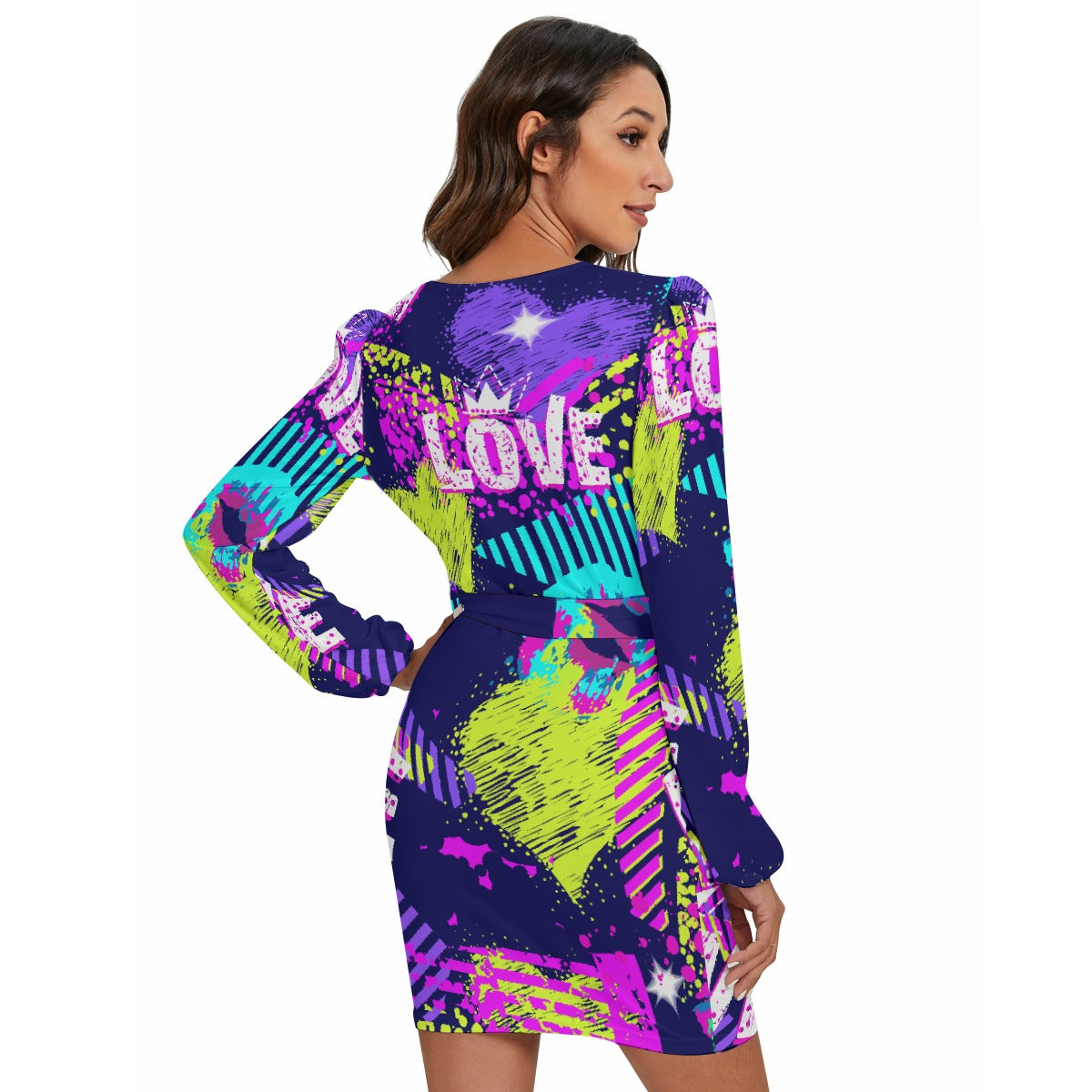 All-Over Print Women's Long Sleeve Dress With Waist Belt