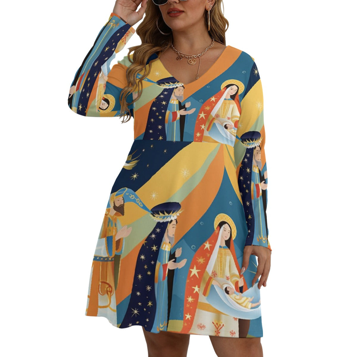 All-Over Print Women's V-neck Long Sleeve Dress(Plus Size)