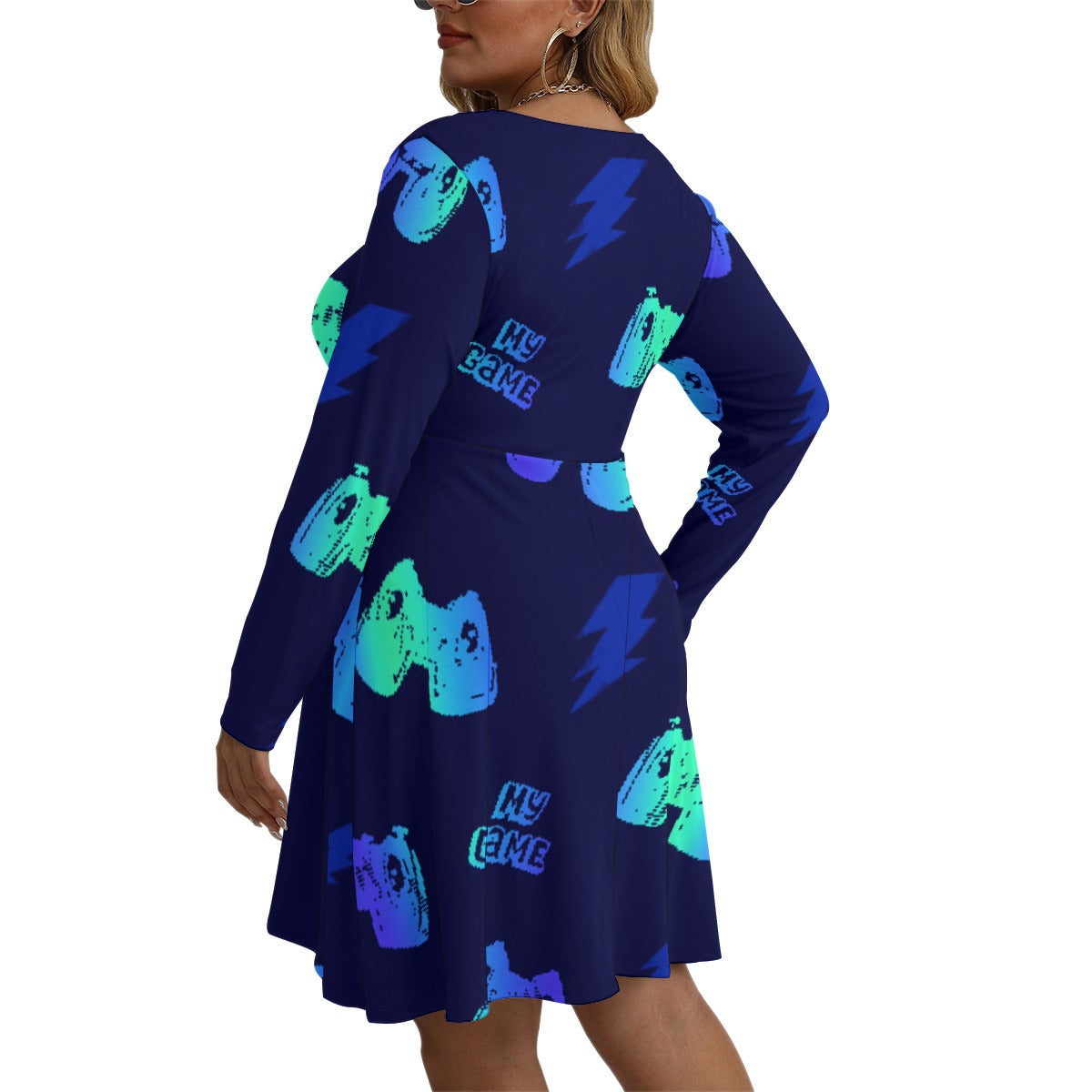 All-Over Print Women's V-neck Long Sleeve Dress(Plus Size)