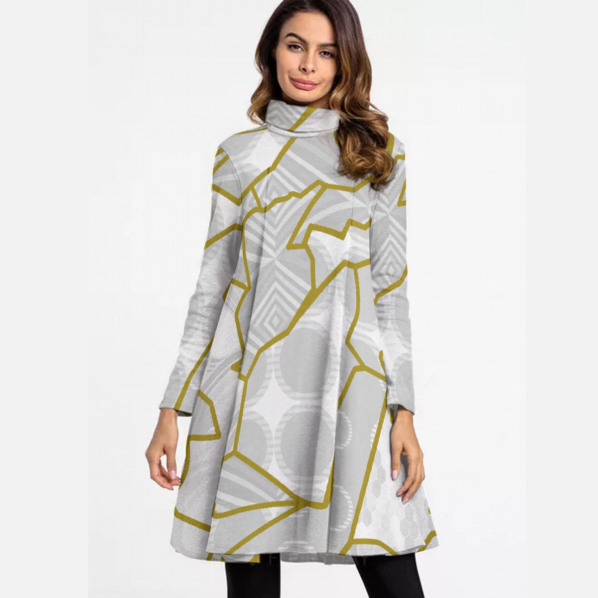 All-Over Print Women's High Neck Dress With Long Sleeve