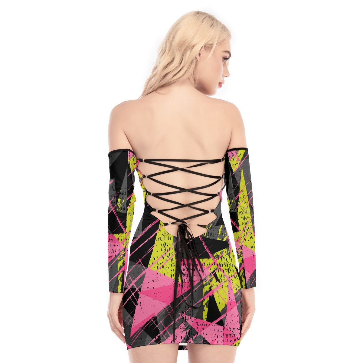 All-Over Print Women's Off-shoulder Back Lace-up Dress