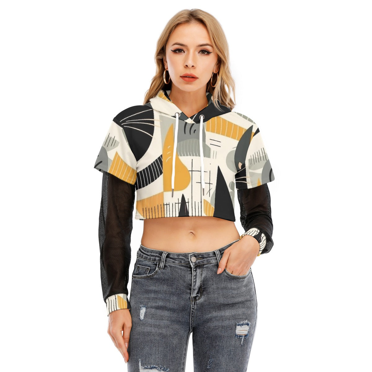 All-Over Print Women's Fake Two-piece Mesh Sleeve Cropped Hoodie