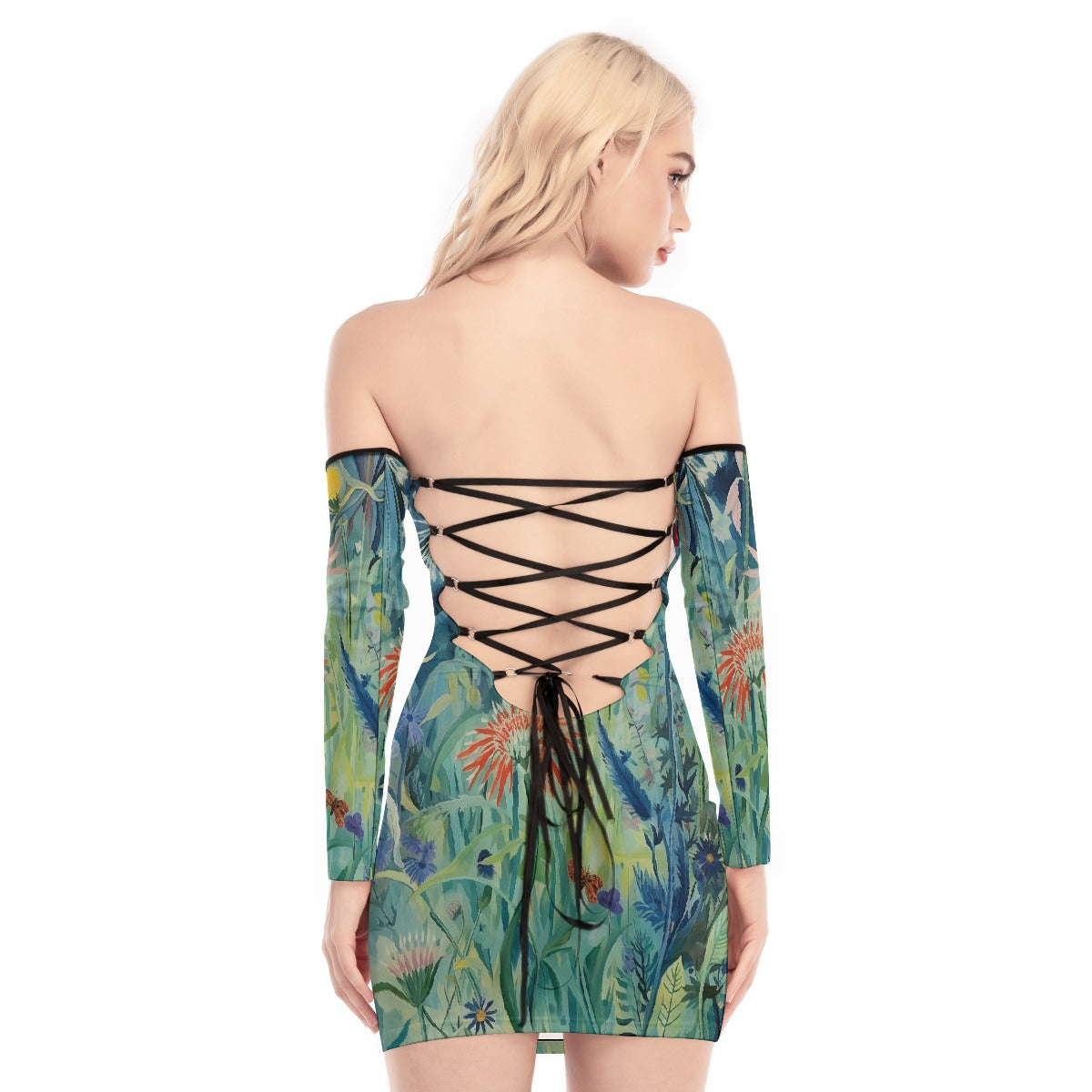 All-Over Print Women's Off-shoulder Back Lace-up Dress