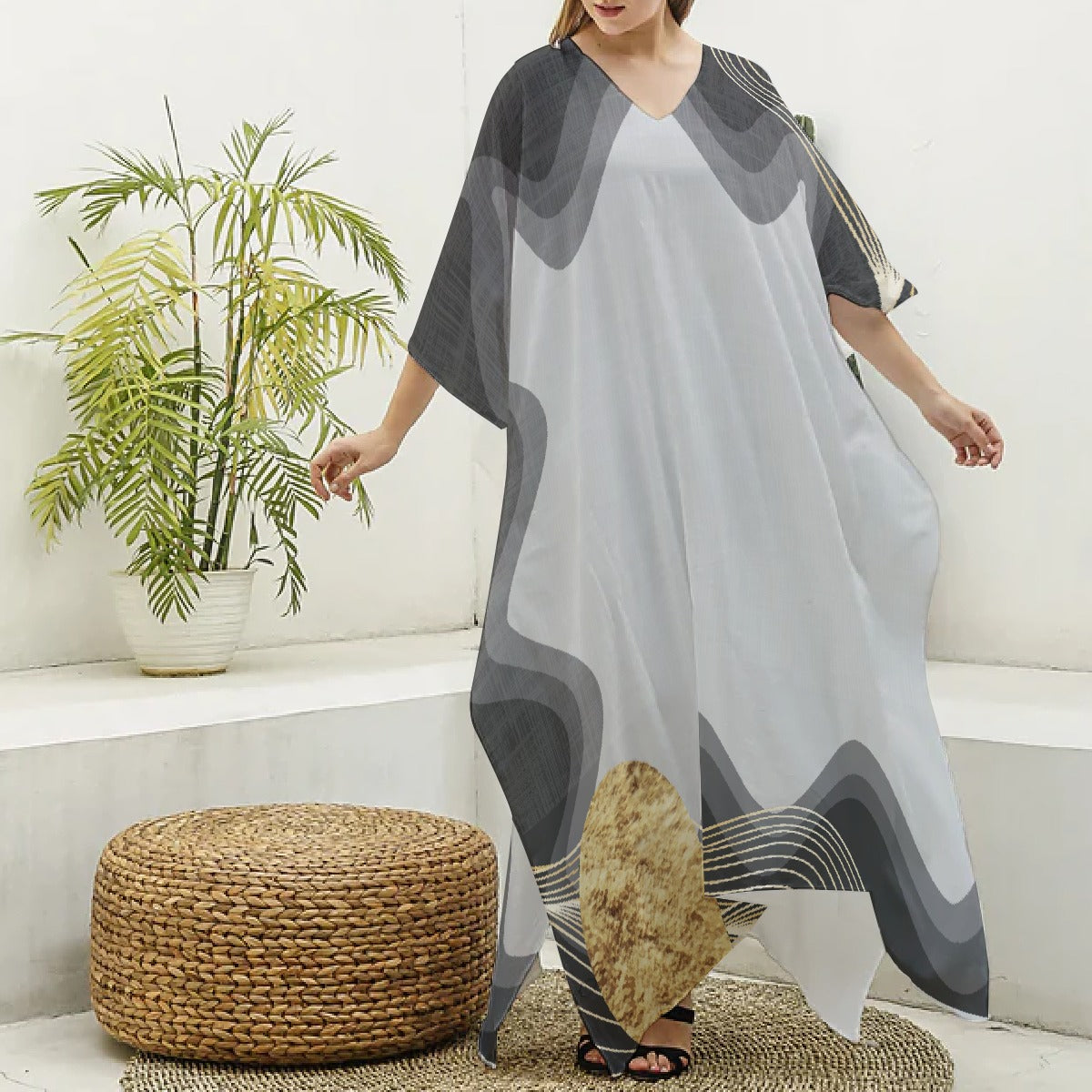 All-Over Print Women's Imitation Silk V-neck Kaftan Robe