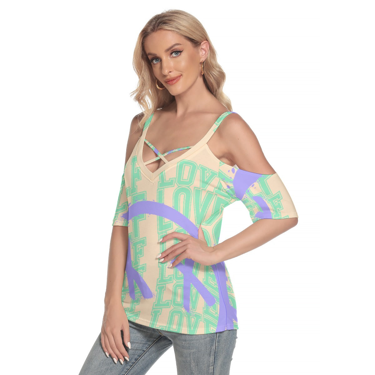 All-Over Print Women's Cold Shoulder T-shirt With Criss Cross Strips