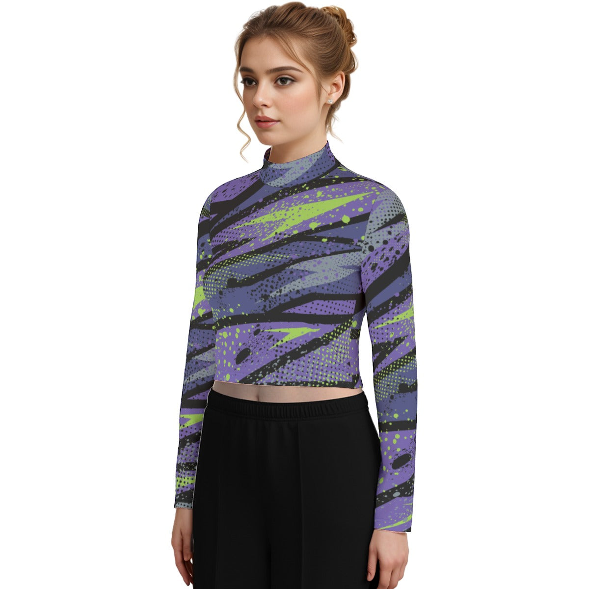 Eco-Friendly All-Over Print Women's Turtleneck T-shirt With Long Sleeve