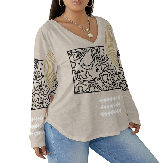 All-Over Print Women's V-neck T-shirt With Curved Hem(Plus Size)