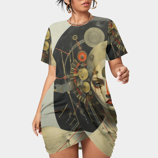 All-Over Print Women’s Stacked Hem Dress With Short Sleeve（Plus Size）