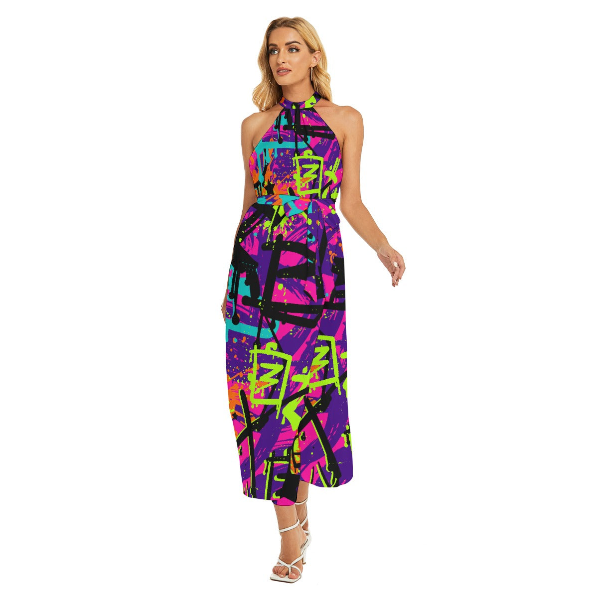 All-Over Print Women's Wrap Hem Belted Halter Dress