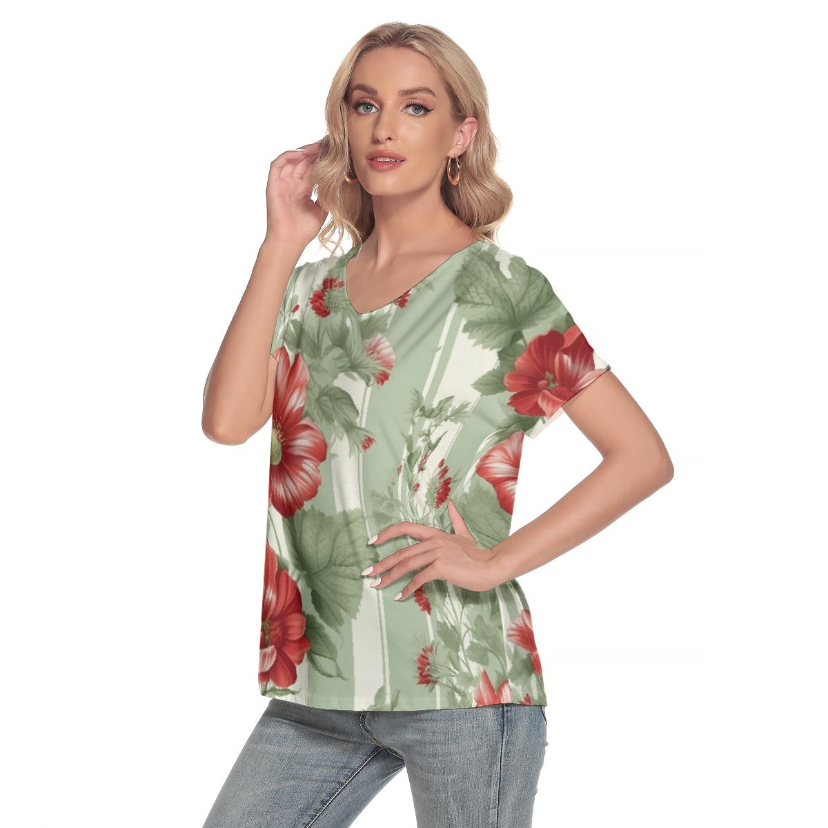 All-Over Print Women's Loose V-neck Short Sleeve T-shirt