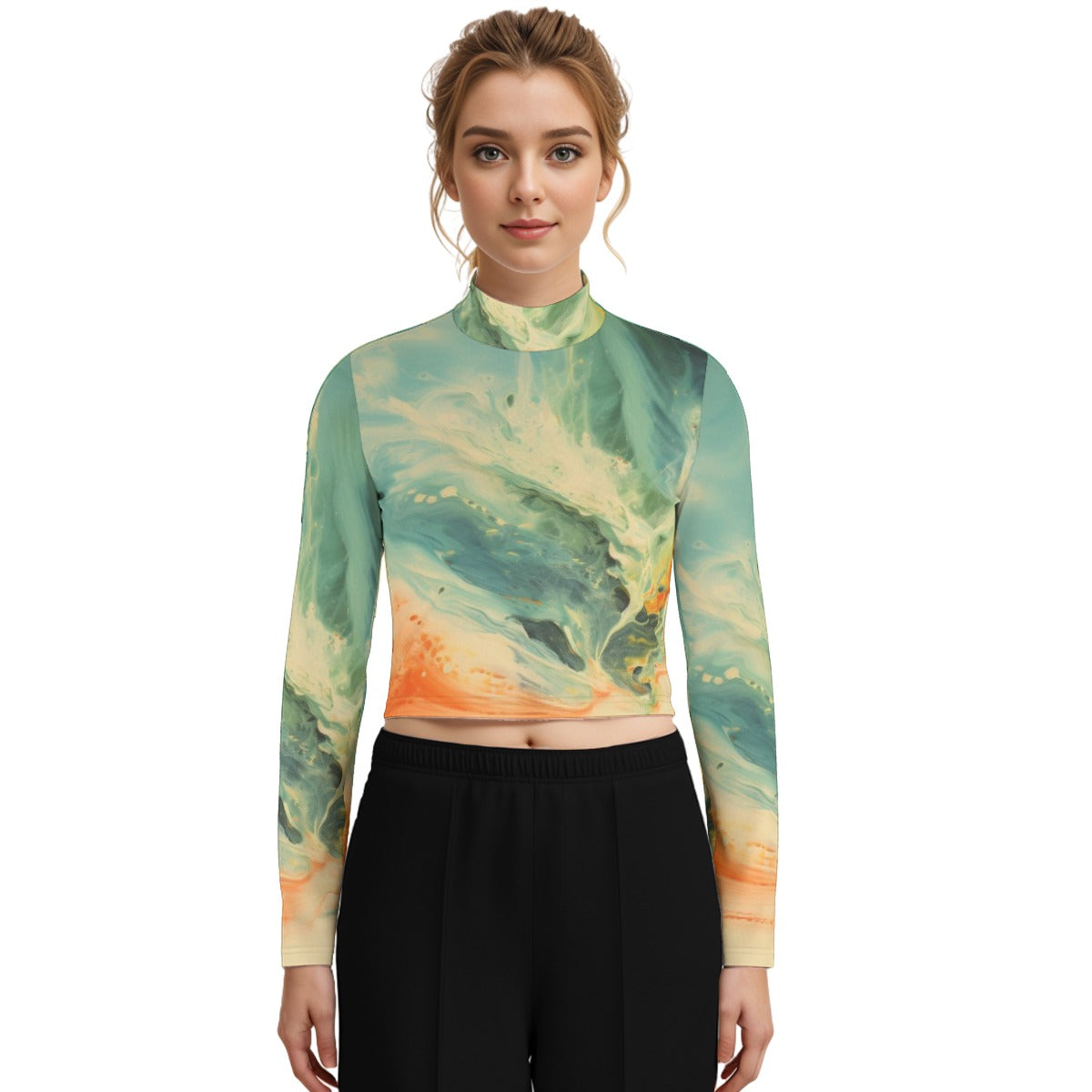 Eco-Friendly All-Over Print Women's Turtleneck T-shirt With Long Sleeve